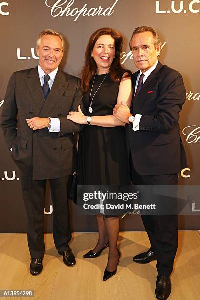 Karl-Friedrich Scheufele, Co-President of Chopard, Christine Scheufele and Jacky Ickx attend the cocktail opening of the Chopard exhibition 'L.U.C -...