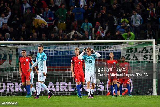 Valter Birsa and Josip Ilicic of Slovenia react to a missed opportunity during the FIFA 2018 World Cup Qualifier Group F match between Slovenia and...