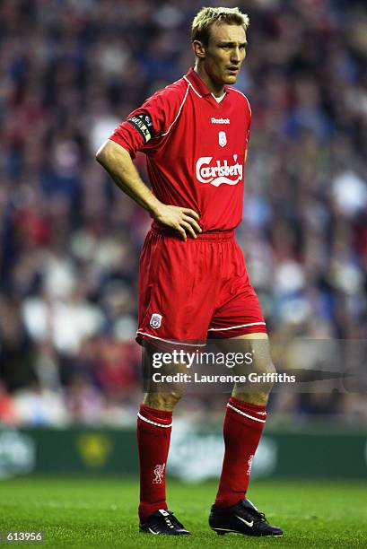 Sami Hyypia of Liverpool in action during the FA Barclaycard Premiership match between Liverpool and Blackburn Rovers played at Anfield, in...