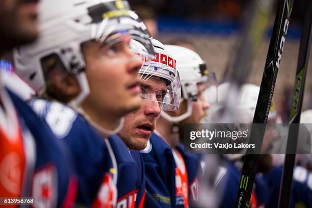 Pontus Netterberg of Vaxjo Lakers at the bench during the Champions Hockey League Round of 32 match between Vaxjo Lakers and Red Bull Munich at Vida...