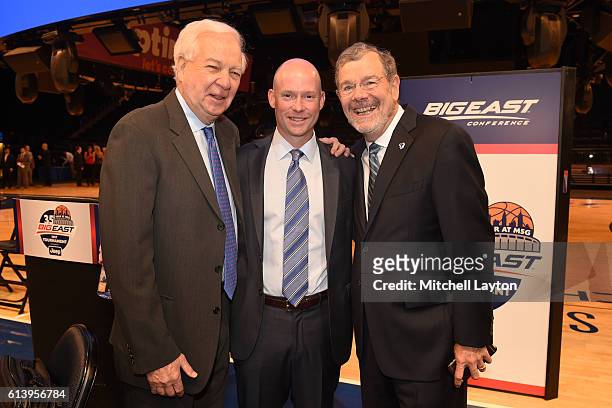 From left, Fox Sports analyst Bill Raftery, current head coach of Seton Hall basketball Kevin Willard and former Seton Hall and NBA coach P.J....