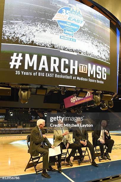 From left, Fox Sports analyst Bill Raftery, UConn head coach Jim Calhoun, former Seton Hall and NBA coach P.J. Carlesimo, and St. John's head coach...