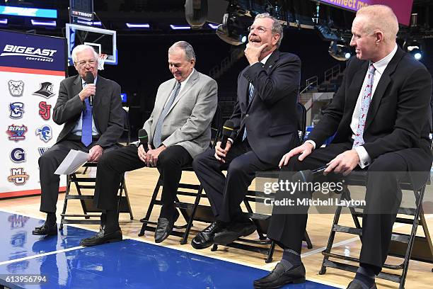 From left, Fox Sports analyst Bill Raftery, UConn head coach Jim Calhoun, former Seton Hall and NBA coach P.J. Carlesimo, and St. John's head coach...