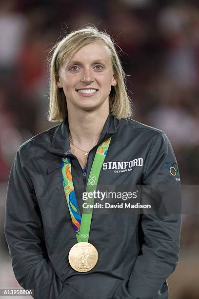 Swimmer Katie Ledecky, Olympic Gold Medalist and Stanford student, appears at a half time recognition ceremony during the NCAA PAC-12 football game...