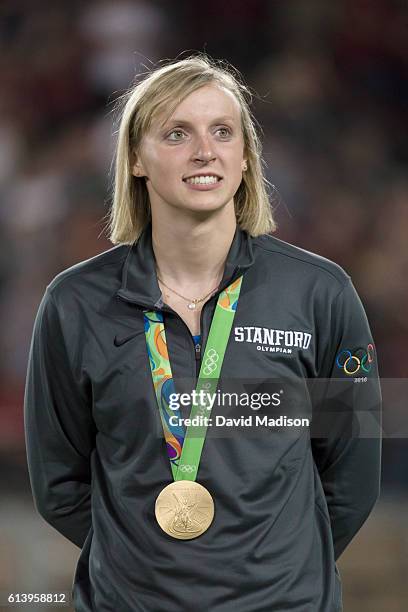 Swimmer Katie Ledecky, Olympic Gold Medalist and Stanford student, appears at a half time recognition ceremony during the NCAA PAC-12 football game...