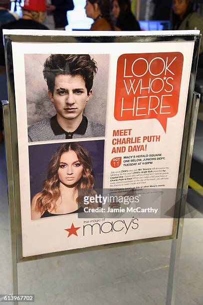 Sign advertising an artist meet and greet is seen in Macy's during the Jingle Ball 2016 Official Kick Off Event, presented by Capital One, at Macy's...