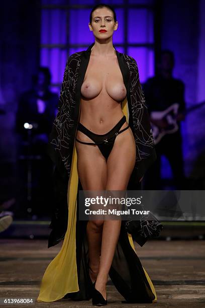 Mexican Playmate Alejandra Guilmant walks the runway at Marika Vera show during Mercedes-Benz Fashion Week Mexico Spring/Summer 2017 on October 10,...