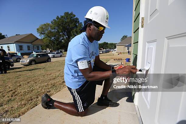 Keith Smart of the Memphis Grizzlies helps to build new homes with Habitat for humanity on October 7 at Bearwater Park in Memphis, Tennessee. NOTE TO...