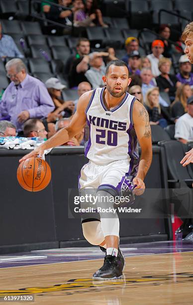 Jordan Farmar of the Sacramento Kings handles the ball during a preseason game against the Maccabi Haifa on October 10, 2016 at Golden 1 Center in...