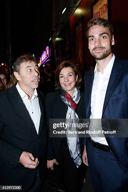 Son of Yves Montand, Valentin Livi his mother Carole Amiel and Director of the Theater Louis-Michel Colla attend the "Ivo Livi ou le destin d'Yves...