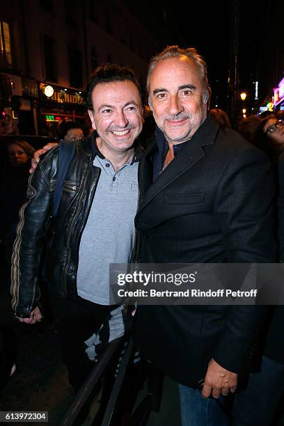 Actors Gerald Dahan and Antoine Dulery attend the "Ivo Livi ou le destin d'Yves Montand" : Theater Play at Theatre de la Gaite Montparnasse on...