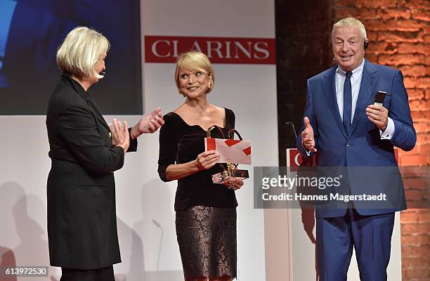 Sibylle Bassler, Uschi Glas and Christian Courtin-Clarins during the Prix Courage Award on October 11, 2016 in Munich, Germany.