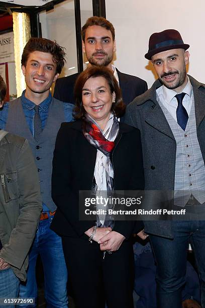 Actor of the show Benjamin Falletto, Son of Yves Montand, Valentin Livi, his mother Carole Amiel and actor of the show Ali Bougheraba pose after the...