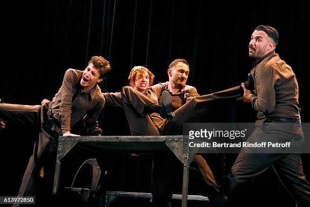 Benjamin Falletto, Camille Favre-Bulle, Cristos Mitropoulos and Ali Bougheraba perform during the "Ivo Livi ou le destin d'Yves Montand" : Theater...