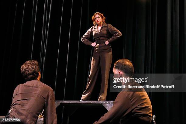 Camille Favre-Bulle performs during the "Ivo Livi ou le destin d'Yves Montand" : Theater Play at Theatre de la Gaite Montparnasse on October 11, 2016...