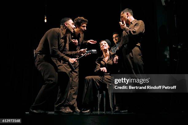 Ali Bougheraba, Benjamin Falletto, Camille Favre-Bulle, Olivier Selac and Cristos Mitropoulos perform during the "Ivo Livi ou le destin d'Yves...