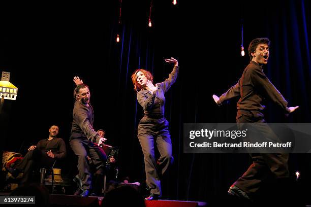 Ali Bougheraba, Cristos Mitropoulos, Camille Favre-Bulle and Benjamin Falletto perform during the "Ivo Livi ou le destin d'Yves Montand" : Theater...