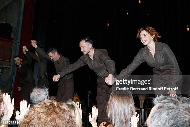 Ali Bougheraba, Benjamin Falletto, Olivier Selac, Cristos Mitropoulos and Camille Favre-Bulle acknowledge the applause of the audience at the end of...