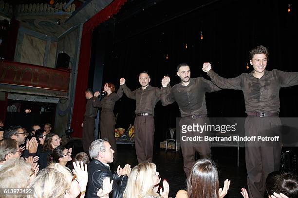 Olivier Selac, Camille Favre-Bulle, Cristos Mitropoulos, Ali Bougheraba and Benjamin Falletto acknowledge the applause of the audience at the end of...