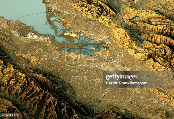 silicon valley 3d landscape view couleur naturelle sud-nord - région de la baie de san francisco photos et images de collection