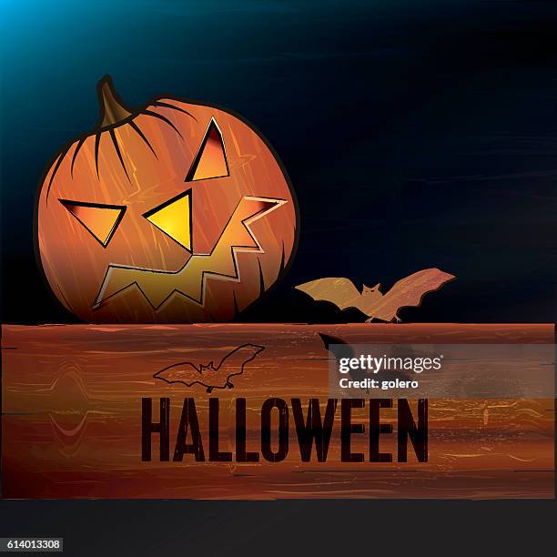 vector banner with halloween pumpkin on rustic wooden board - wooden bat texture stock illustrations