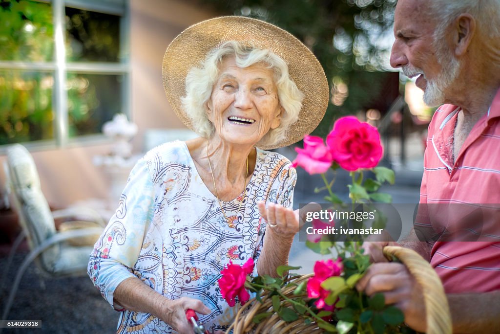 Happy senior people in the garden