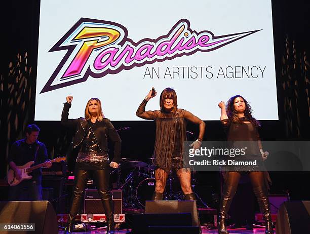 Ann Curless, Gioia Bruno, Jeanette Jurado perform at the Paradise Artists Party during day 3 of the IEBA 2016 Conference on October 11, 2016 in...