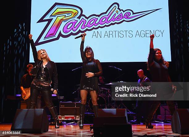 Ann Curless, Gioia Bruno, and Jeanette Jurado perform at the Paradise Artists Party during day 3 of the IEBA 2016 Conference on October 11, 2016 in...