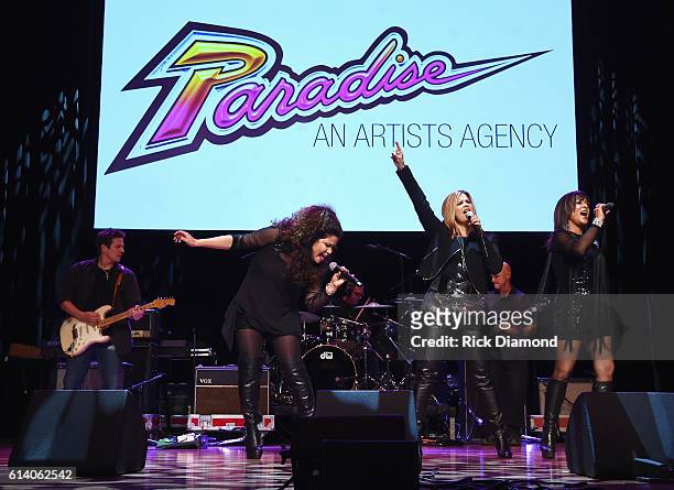 Jeanette Jurado, Ann Curless, and Gioia Bruno of Expose perform at the Paradise Artists Party during day 3 of the IEBA 2016 Conference on October 11,...