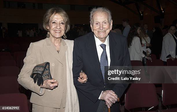 Queen Maxima of the Netherlands parents Maria del Carmen Cerruti and Jorge Zorreguieta attend a conference at the UCA on October 11, 2016 in Buenos...