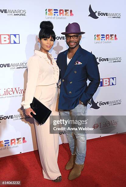 Gospel artist Kirk Franklin and wife Tammy Collins arrive at the 2016 Dove Awards at Allen Arena, Lipscomb University on October 11, 2016 in...