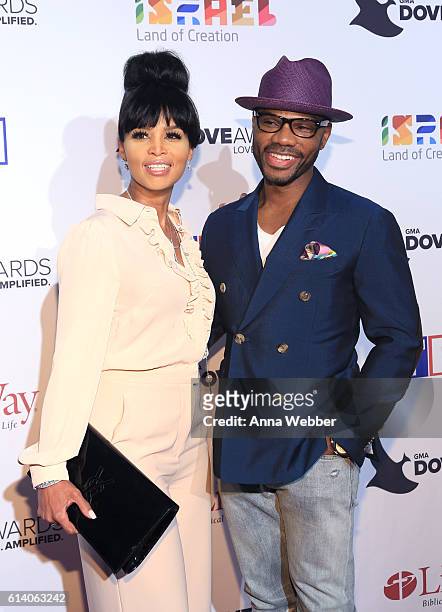 Gospel artist Kirk Franklin and wife Tammy Collins arrive at the 2016 Dove Awards at Allen Arena, Lipscomb University on October 11, 2016 in...