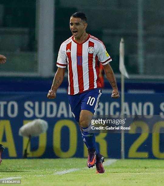 Derlis Gonzalez of Paraguay celebrates after scoring the first goal of his team during a match between Argentina and Paraguay as part of FIFA 2018...