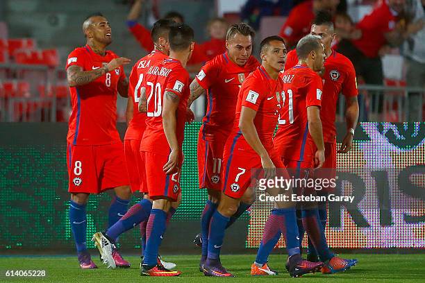 Arturo Vidal of Chile celebrates after scoring the first goal of his team during a match between Chile and Peru as a part of FIFA 2018 World Cup...