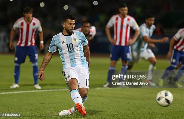 Sergio Aguero of Argentina takes a penalty kick to fail during a match between Argentina and Paraguay as part of FIFA 2018 World Cup Qualifiers at...