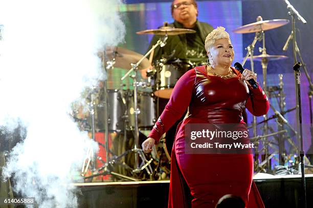 Gospel singer Tamela Mann performs onstage during the 2016 Dove Awards at Allen Arena, Lipscomb University on October 11, 2016 in Nashville,...