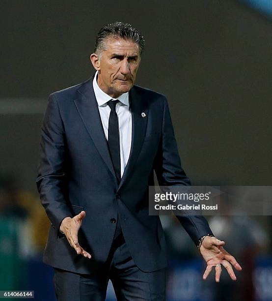 Edgardo Bauza, coach of Argentina, gives instructions to his players during a match between Argentina and Paraguay as part of FIFA 2018 World Cup...