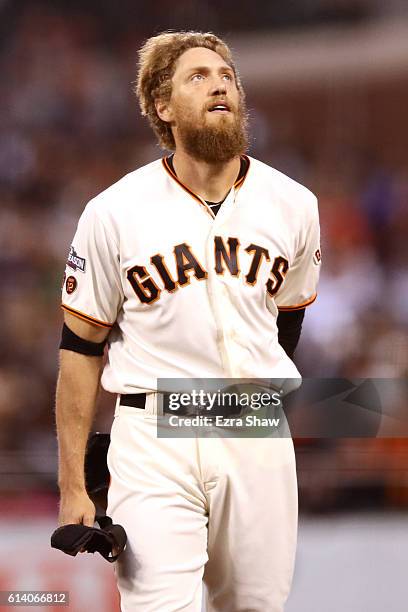 Hunter Pence of the San Francisco Giants reacts after flying out to deep center field against the Chicago Cubs in Game Four of their National League...