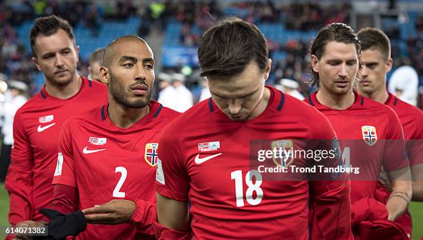 Even Hovland, Haitam Aleesami, Ole Kristian Selnaes, Stefan Strandberg, Markus Henriksen of Norway during the FIFA 2018 World Cup Qualifier between...