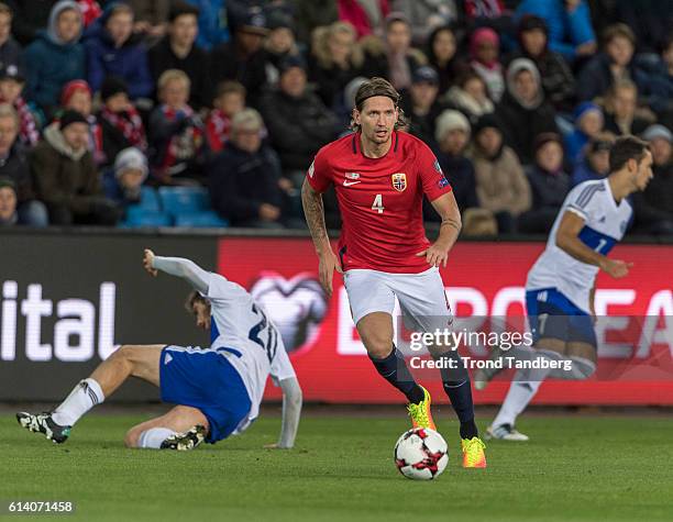 Stefan Strandberg of Norway, Luca Tosi, Cristian Brolli of San Marino during the FIFA 2018 World Cup Qualifier between Norway and San Marino at...