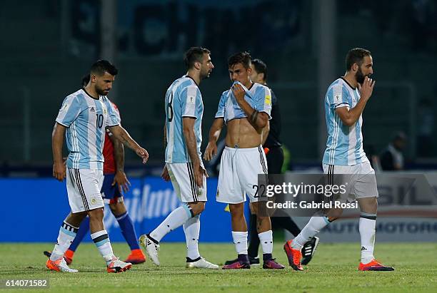 Sergio Aguero, Lucas Pratto, Paulo Dybala and Gonzalo Higuain of Argentina look dejected after a match between Argentina and Paraguay as part of FIFA...