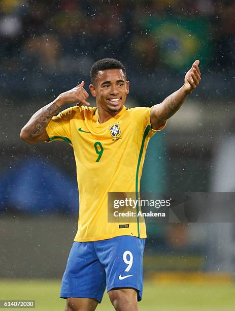 Gabriel Jesus of Brazil celebrates after scoring the opening goal during a match between Venezuela and Brazil as part of FIFA 2018 World Cup...