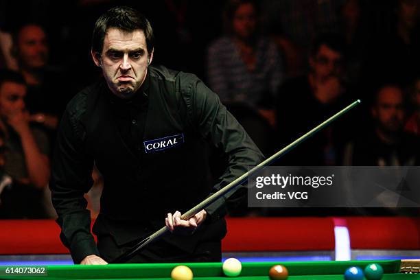 Ronnie O'Sullivan of England reacts during the first round match against Jimmy Robertson of England on day two of the Coral English Open 2016 at...