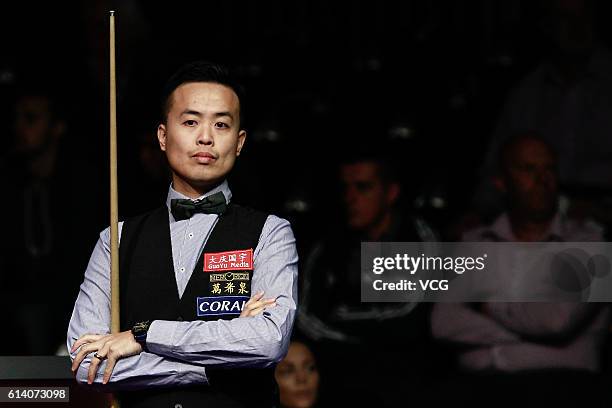 Marco Fu of Chinese Hong Kong reacts during the first round match against Martin O'Donnell of England on day two of the Coral English Open 2016 at...