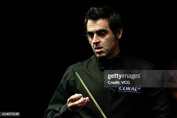 Ronnie O'Sullivan of England reacts during the first round match against Jimmy Robertson of England on day two of the Coral English Open 2016 at...