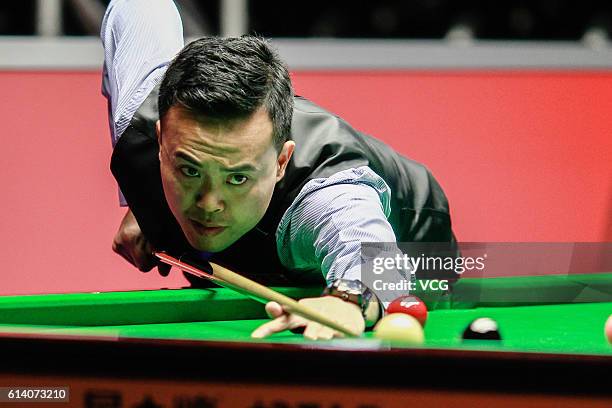 Marco Fu of Chinese Hong Kong plays a shot during the first round match against Martin O'Donnell of England on day two of the Coral English Open 2016...