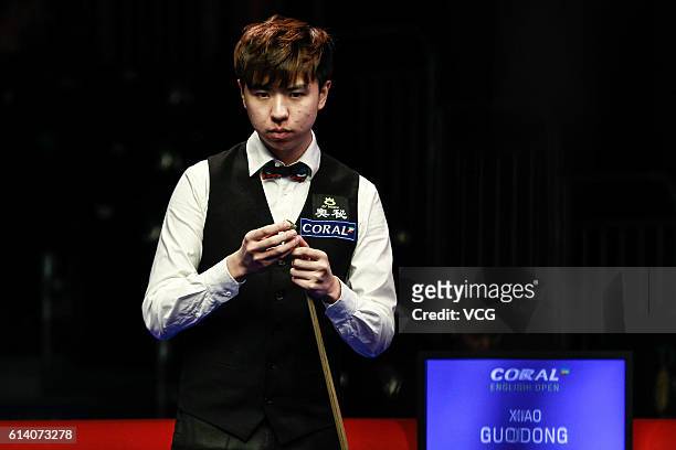 Xiao Guodong of China reacts during the first round match against Michael Holt of England on day two of the Coral English Open 2016 at Event City on...