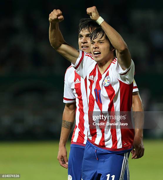 Angel Romero of Paraguay celebrates after a match between Argentina and Paraguay as part of FIFA 2018 World Cup Qualifiers at Mario Alberto Kempes...