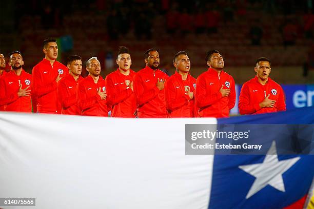 Players of Chile sing their National Anthem prior to a match between Chile and Peru as part of FIFA 2018 World Cup Qualifier at Estadio Nacional on...