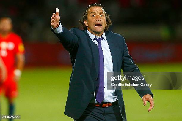 Juan Antonio Pizzi, coach of Chile gestures during a match between Chile and Peru as part of FIFA 2018 World Cup Qualifier at Nacional Julio Martinez...